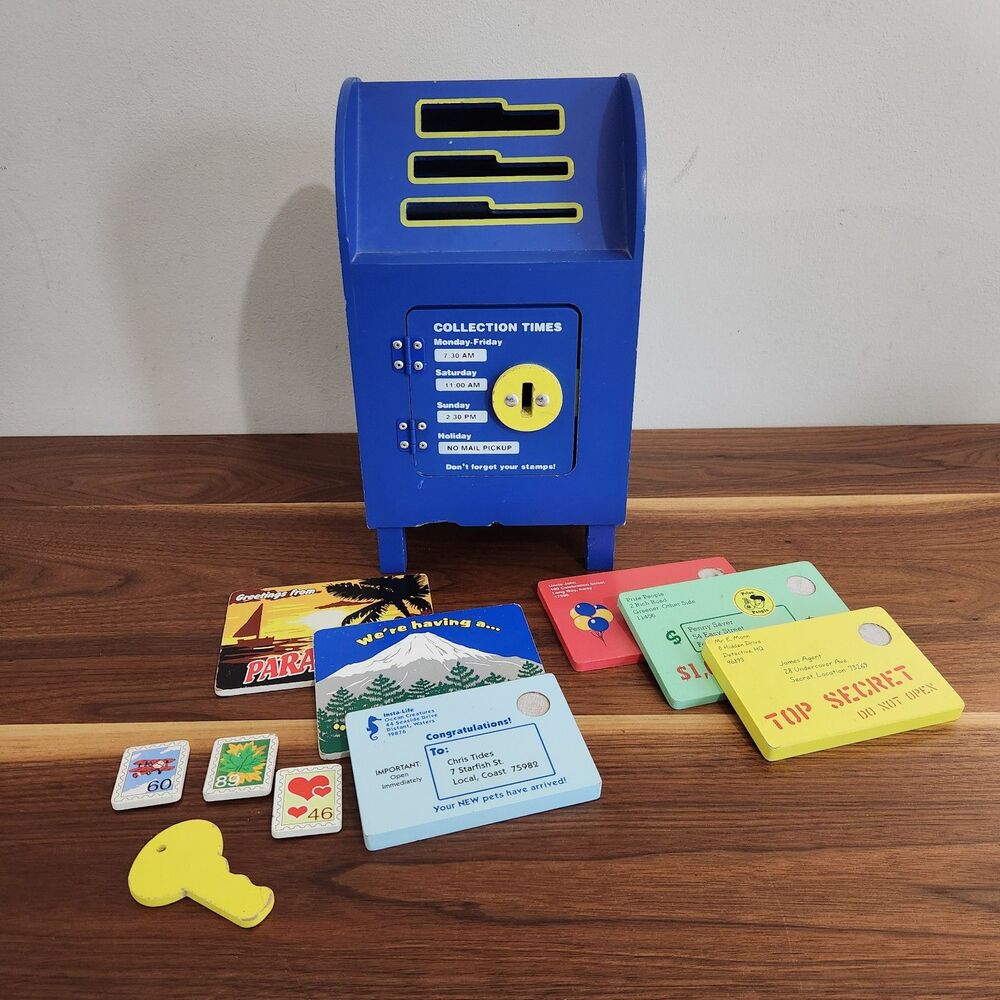 Melissa & Doug Stamp & Sort Post Office Wood Mailbox Letters Stamps Key Postcard
